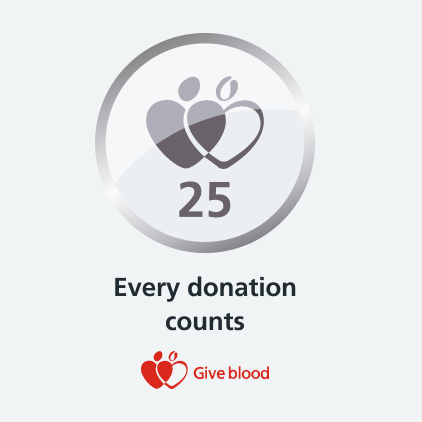 25 blood donor credits Silver donor badge